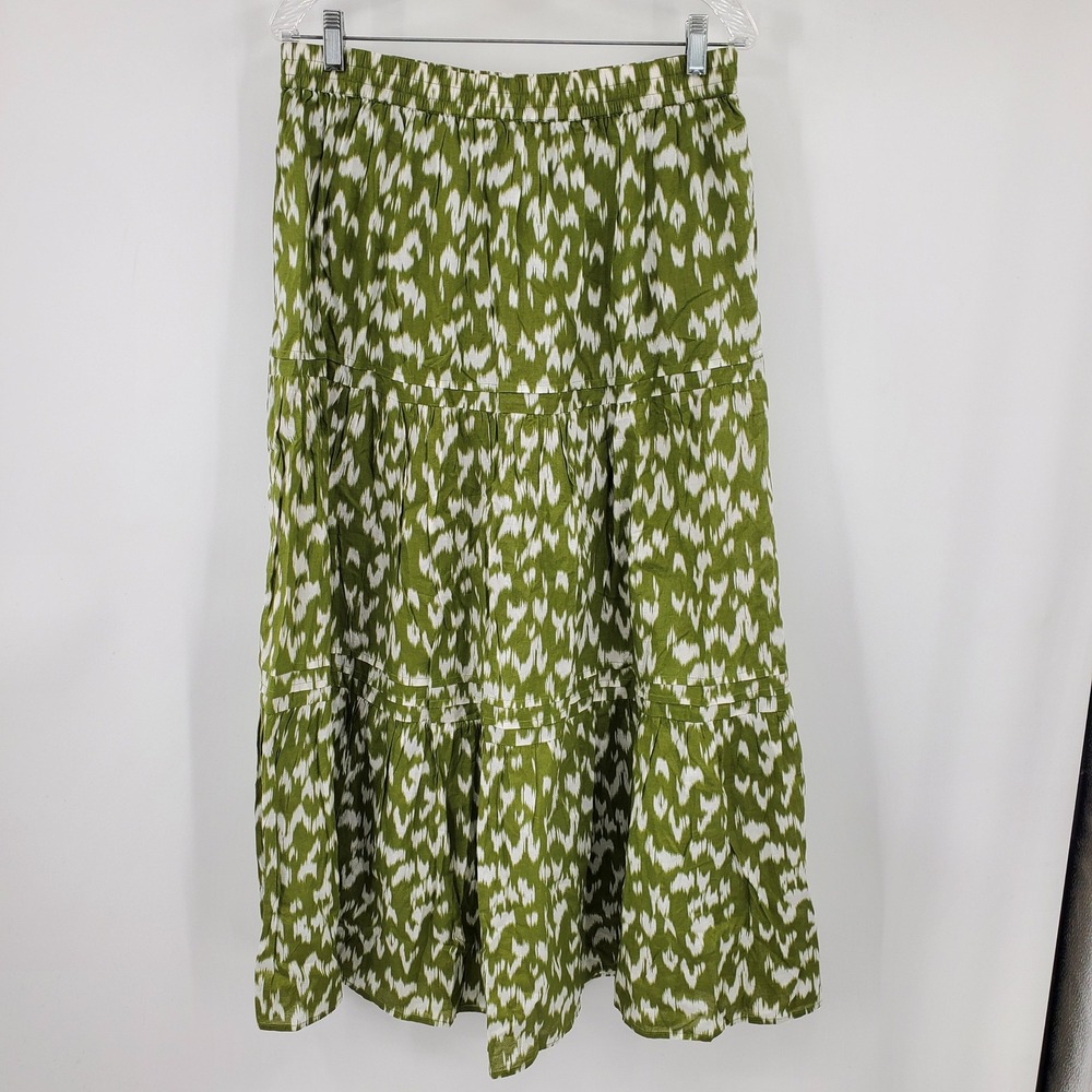 Antthony Original Green White Ikat Tiered Cotton Maxi Skirt Large  Boho Cottage